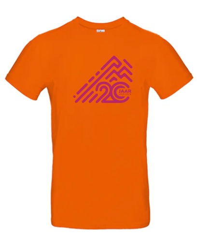 Alpe d’HuZes Unisex T-shirt oranje met donkerroze opdruk